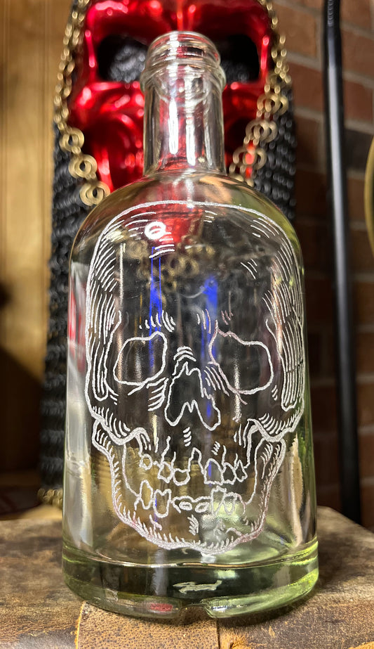 Memento Mori Skull Hand Engraved Glass Bottle