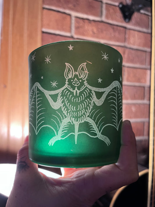 Hand Engraved Green Bat Candle Holder