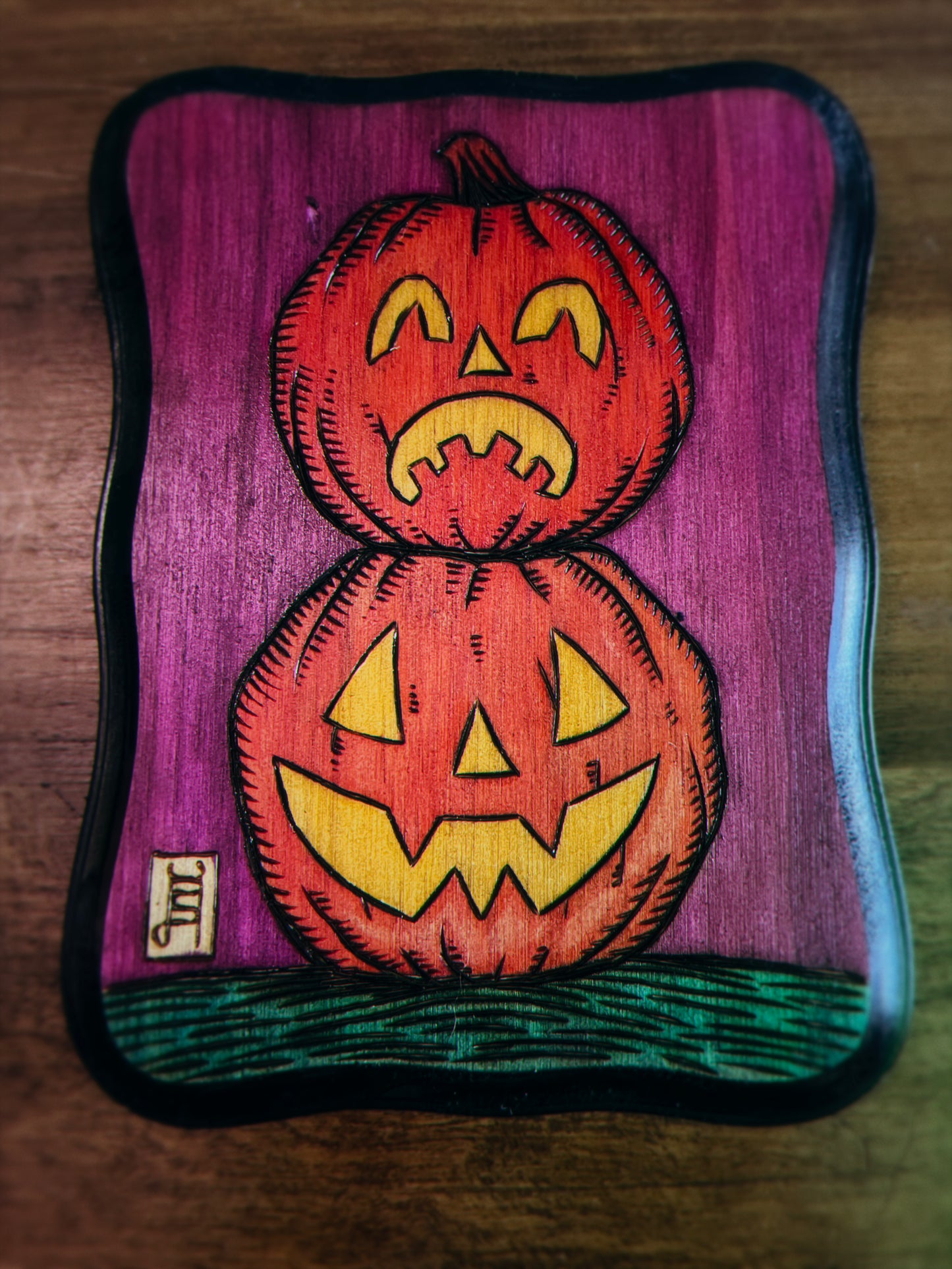 Spooky Pumpkins Purple Wood Burning