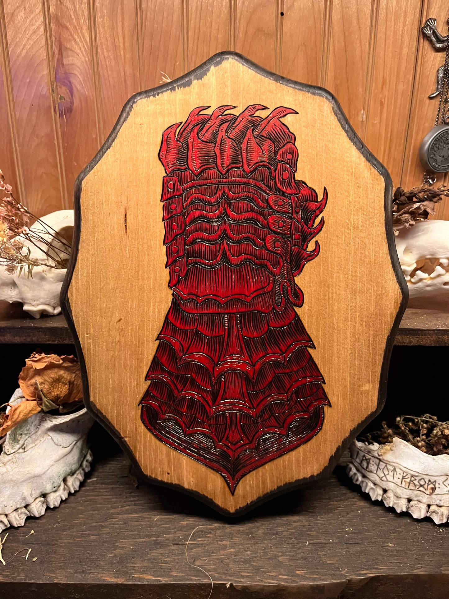 Red GAUNTLET wood burned art