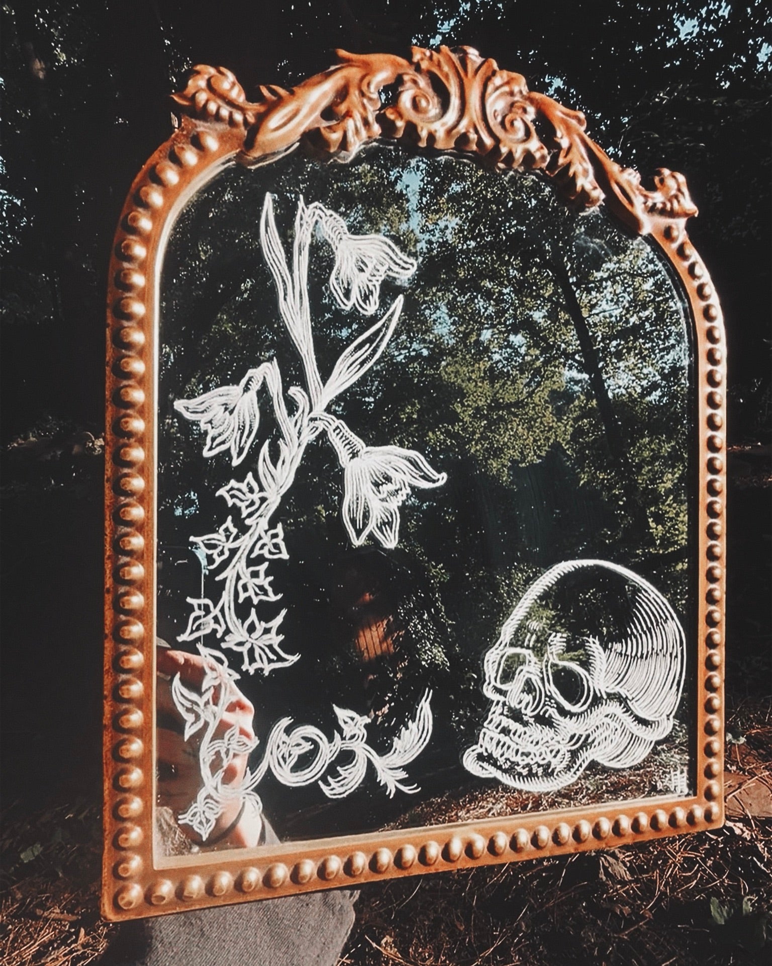 Memento Mori Skull & Lillies Hand Engraved Arched Mirror