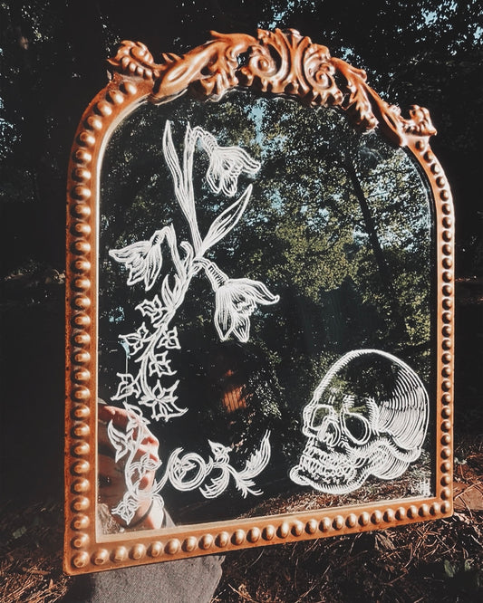Memento Mori Skull & Lillies Hand Engraved Arched Mirror