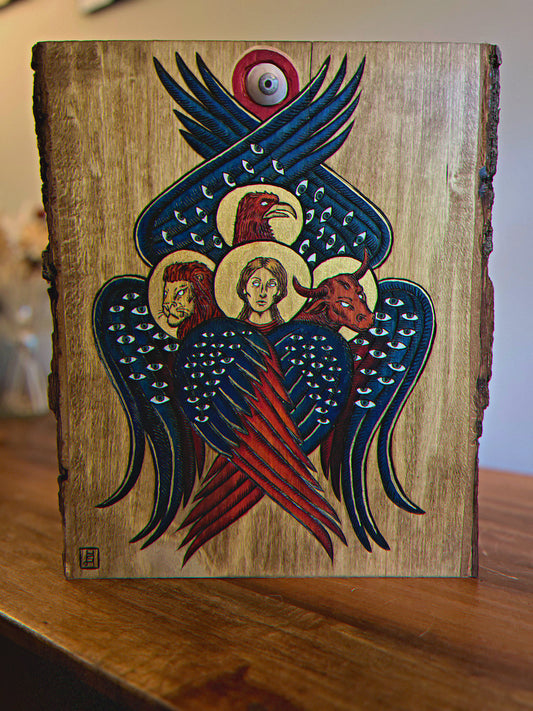 Tetramorph wood burned art