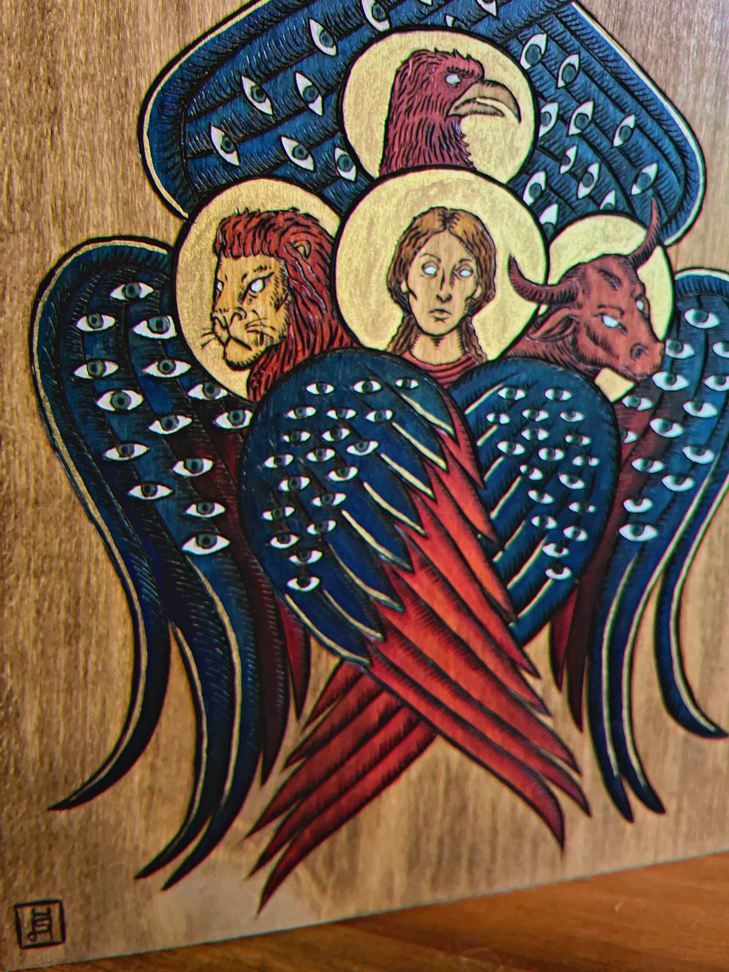 Tetramorph wood burned art