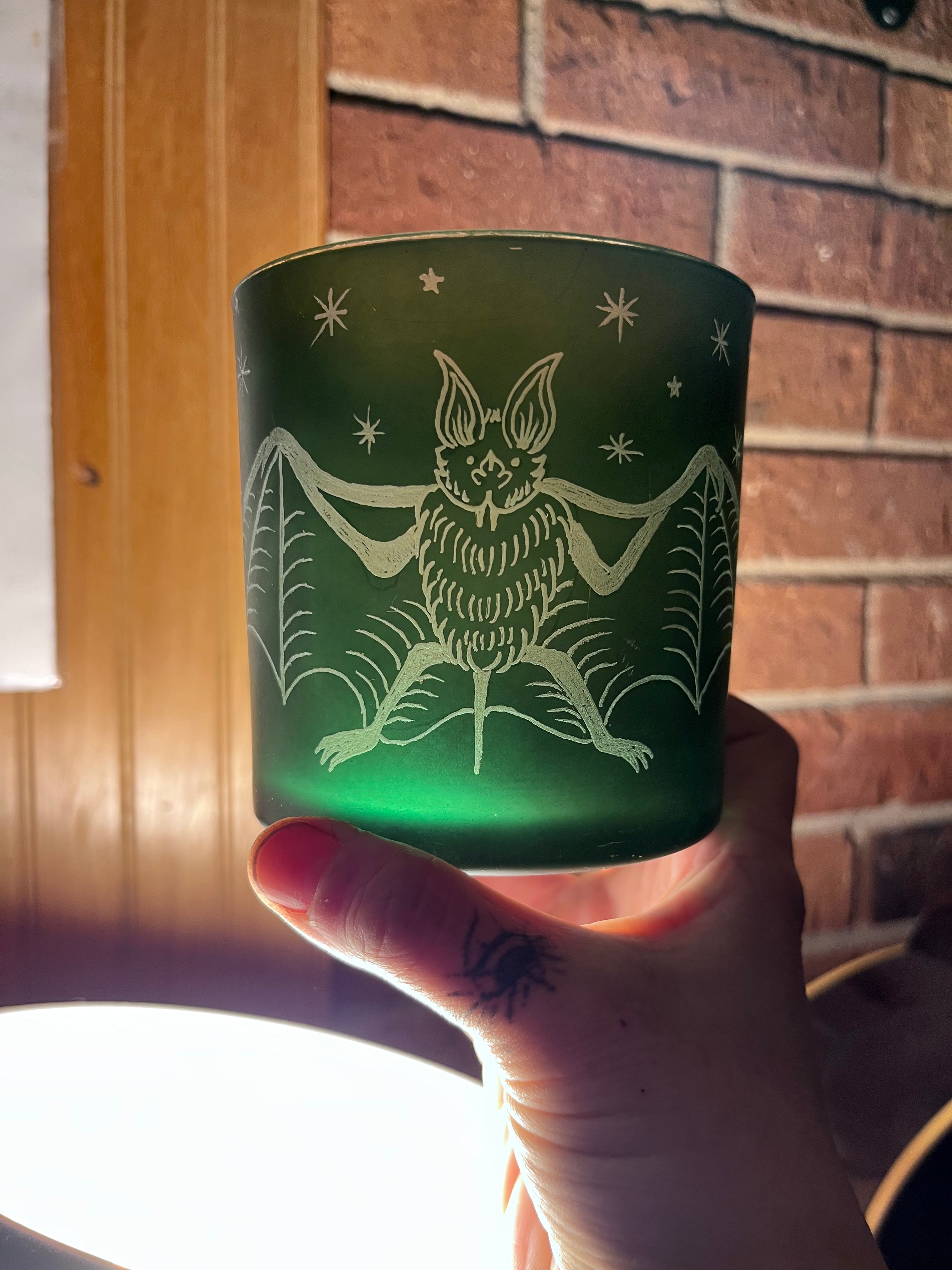 Hand Engraved Green Bat Candle Holder