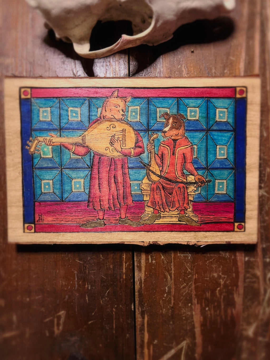 Medieval Hound Musicians Wood Burning