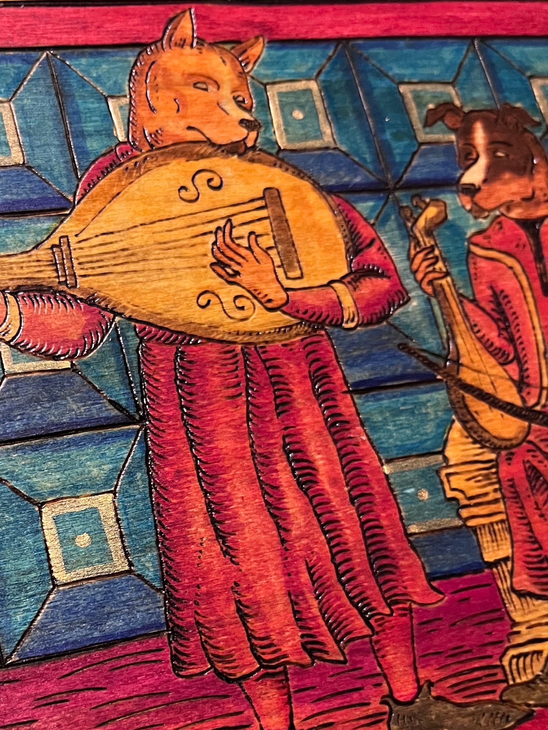 Medieval Hound Musicians Wood Burning