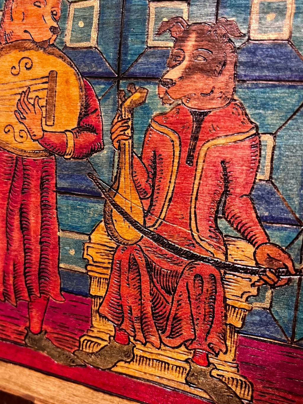 Medieval Hound Musicians Wood Burning